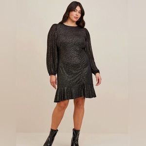 TORRID | Mini Ruched Studio Knit Long Sleeve Black & Metallic Gold Dress Size 2